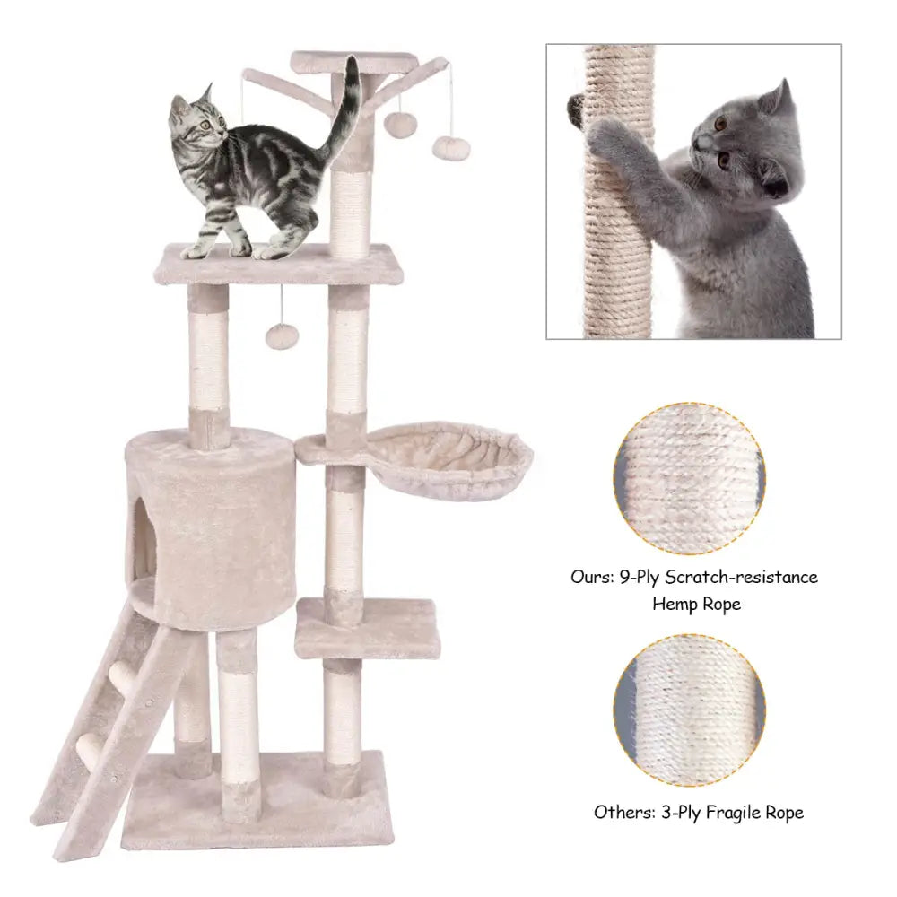56 Inch Condo Scratching Posts Ladder Cat Play Tree - Beige - Cat Trees Condos & Scratchers