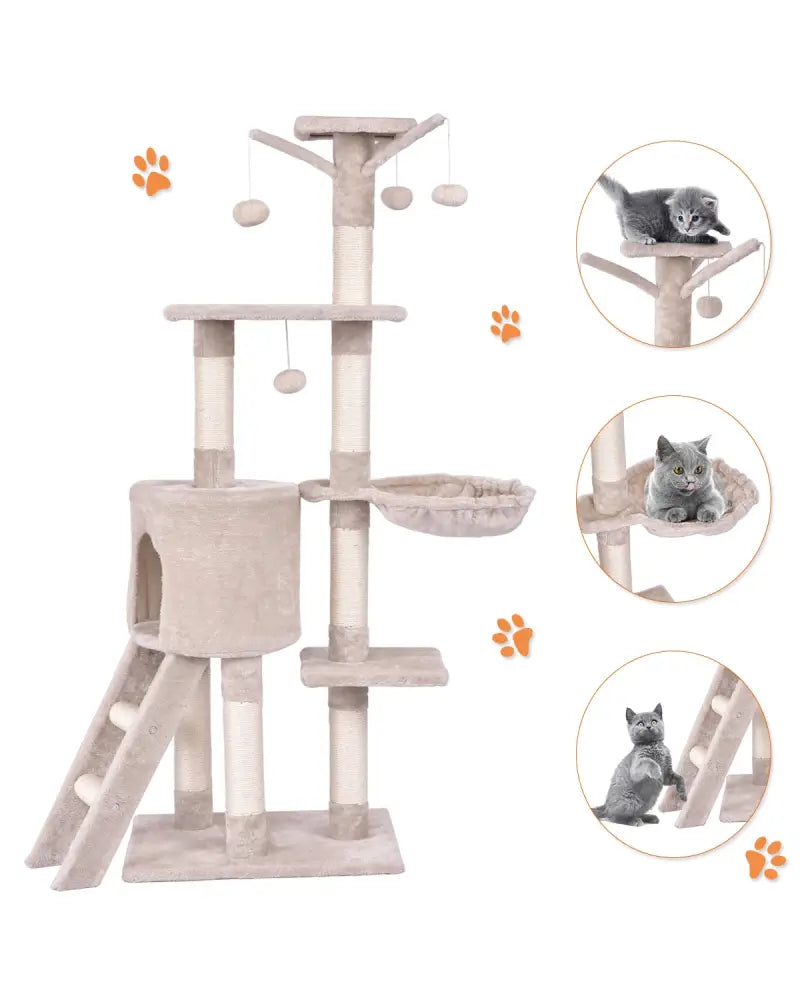 56 Inch Condo Scratching Posts Ladder Cat Play Tree - Beige - Cat Trees Condos & Scratchers