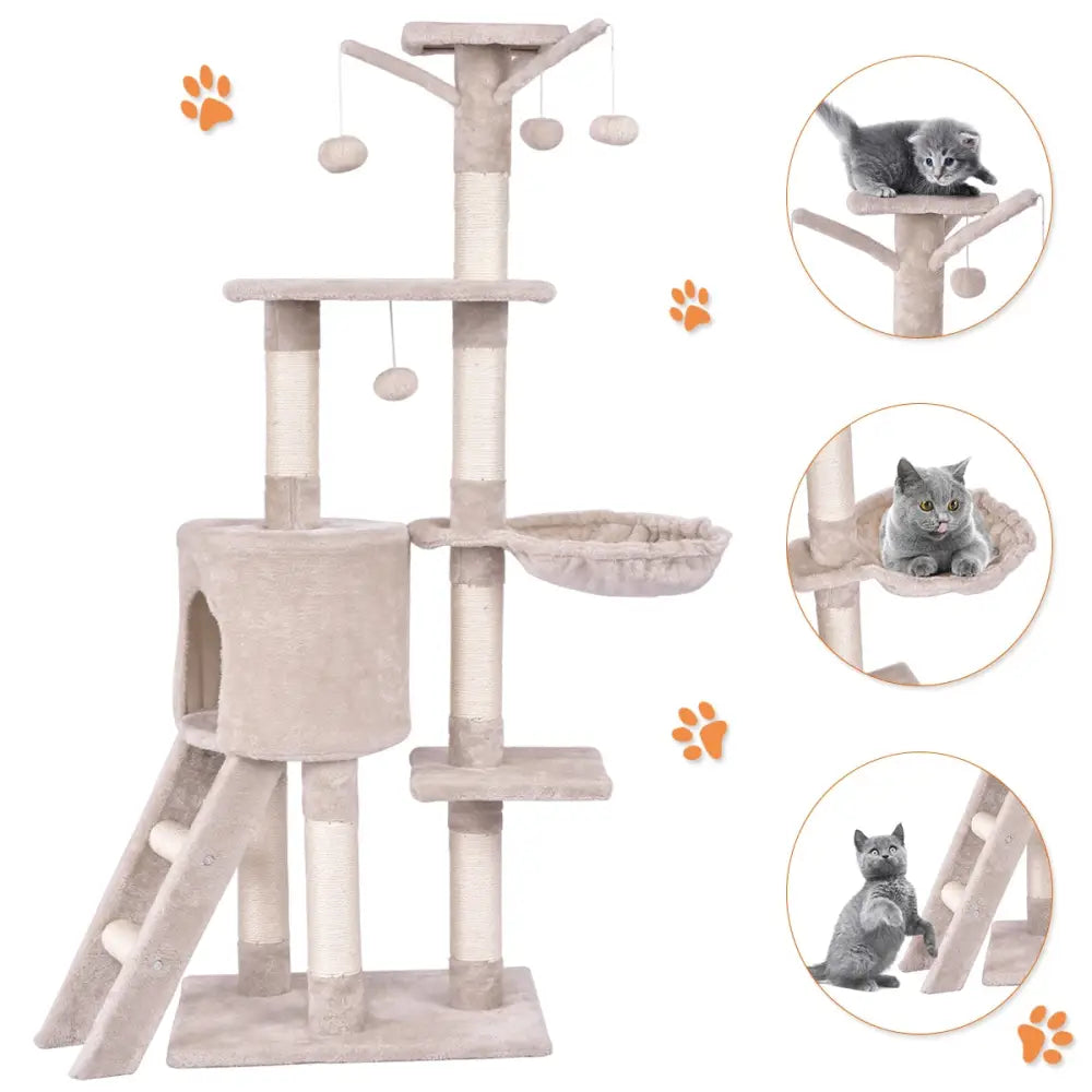 56 Inch Condo Scratching Posts Ladder Cat Play Tree - Beige - Cat Trees Condos & Scratchers