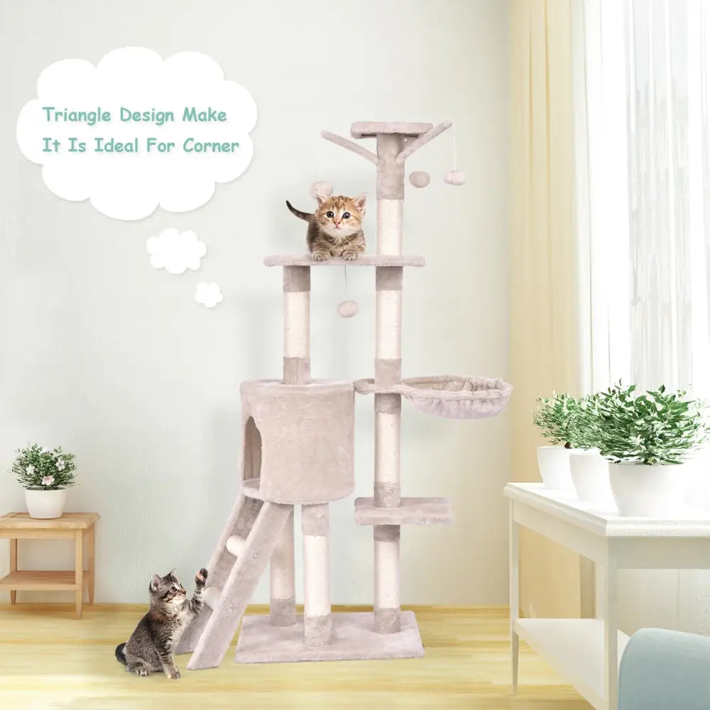 56 Inch Condo Scratching Posts Ladder Cat Play Tree - Beige - Cat Trees Condos & Scratchers
