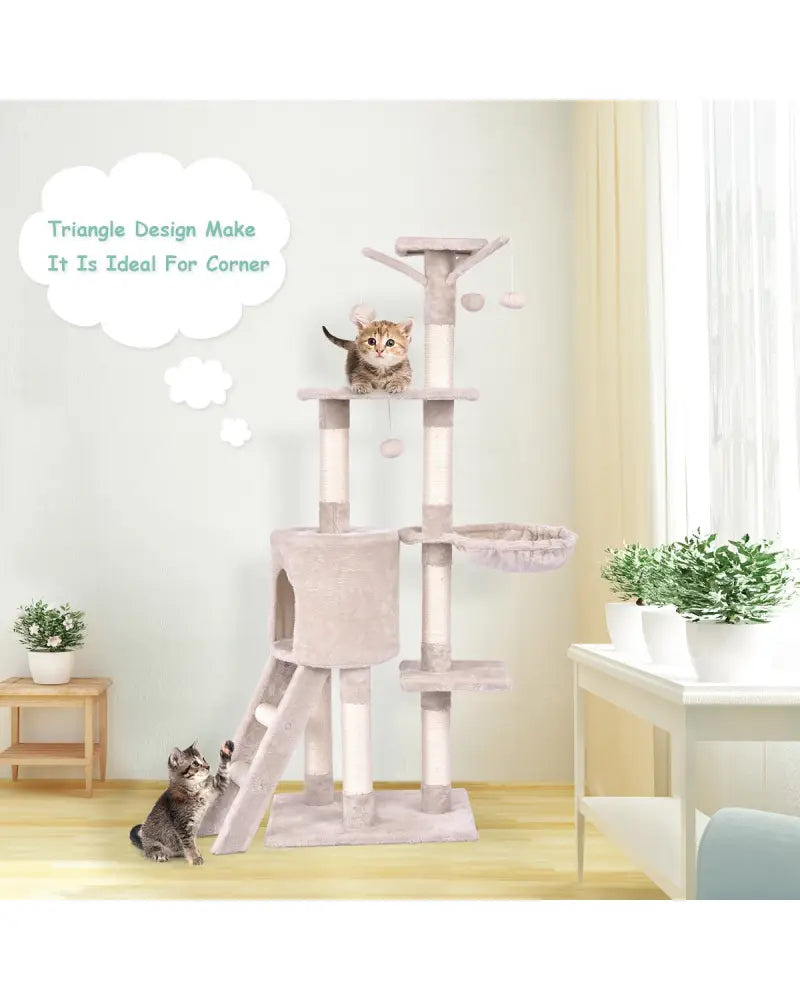 56 Inch Condo Scratching Posts Ladder Cat Play Tree - Beige - Cat Trees Condos & Scratchers