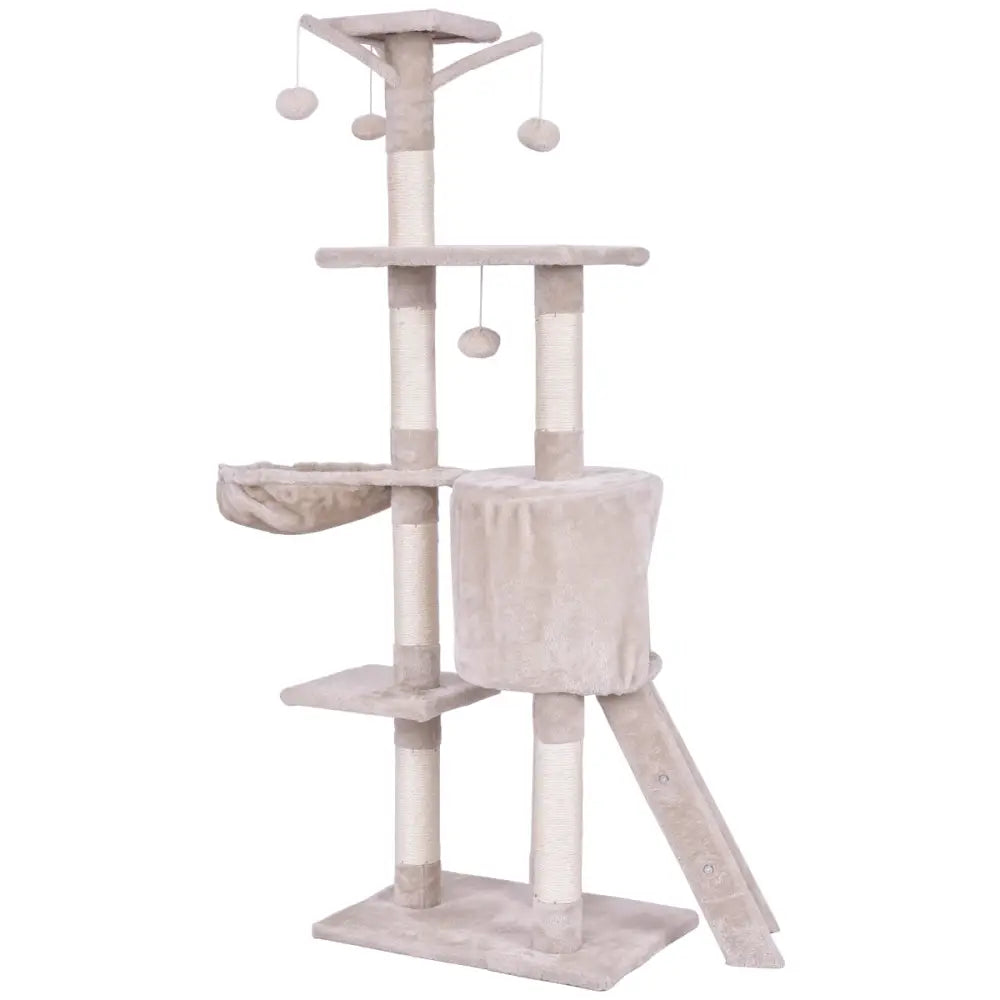 56 Inch Condo Scratching Posts Ladder Cat Play Tree - Beige - Cat Trees Condos & Scratchers