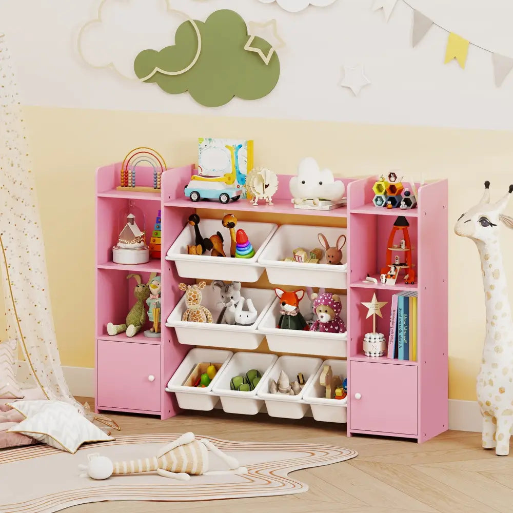 56 inch Large Toy Storage Organizer with 8 Removable Bins and Bookshelf-Pink - Pink - Kids Storage