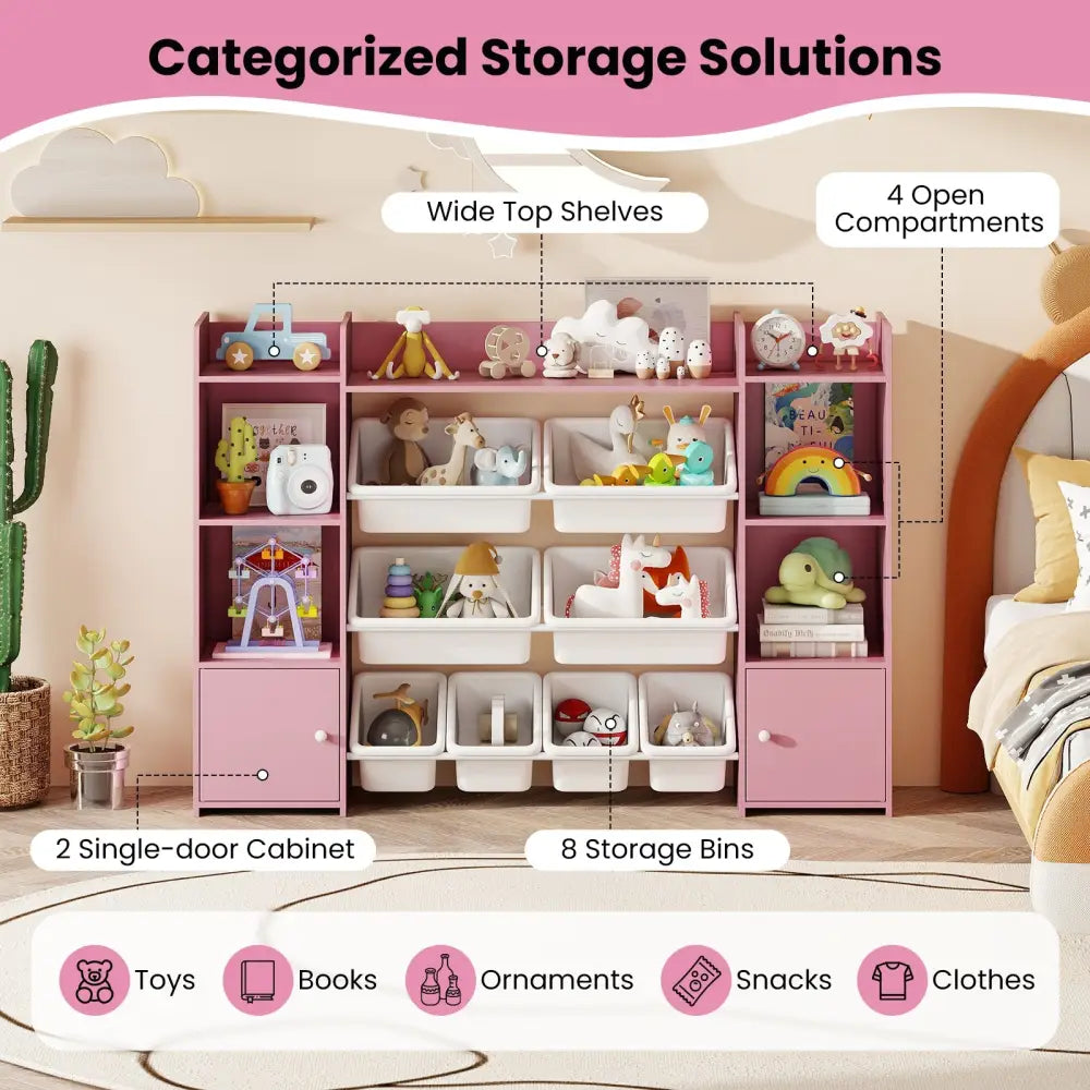 56 inch Large Toy Storage Organizer with 8 Removable Bins and Bookshelf-Pink - Pink - Kids Storage