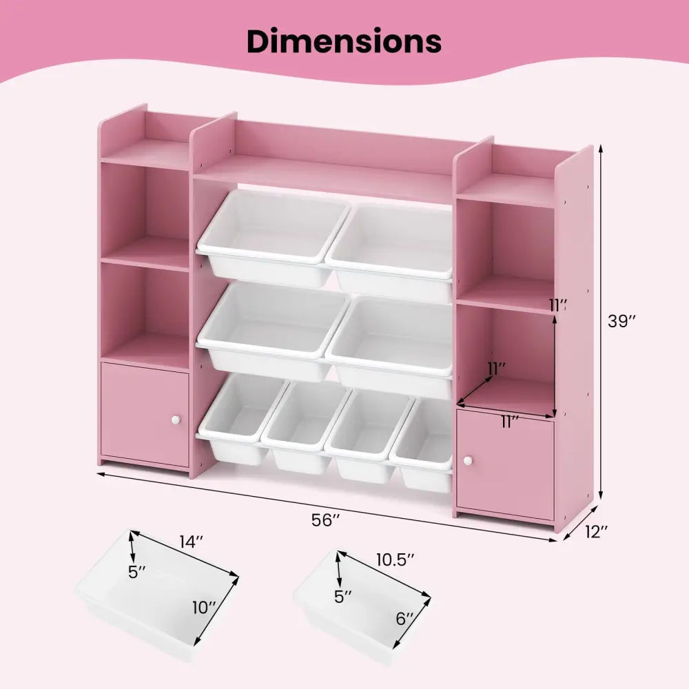 56 inch Large Toy Storage Organizer with 8 Removable Bins and Bookshelf-Pink - Pink - Kids Storage
