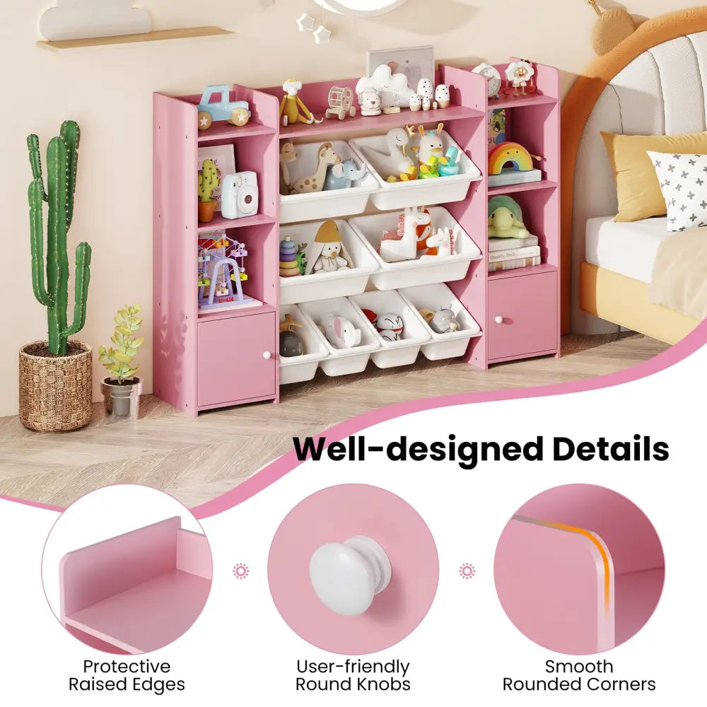 56 inch Large Toy Storage Organizer with 8 Removable Bins and Bookshelf-Pink - Pink - Kids Storage