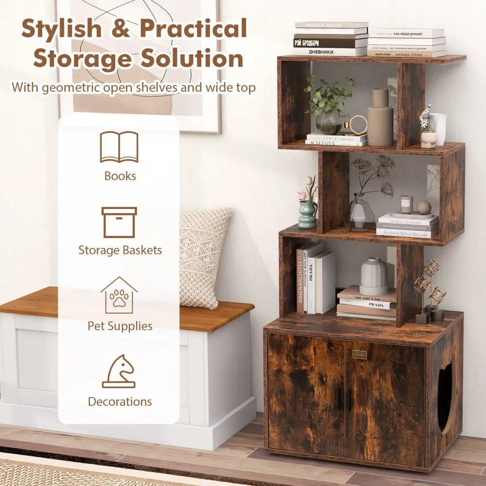 56 Inch Tall Cat Litter Box Enclosure with Storage-Rustic Brown - Rustic Brown - Cat Houses