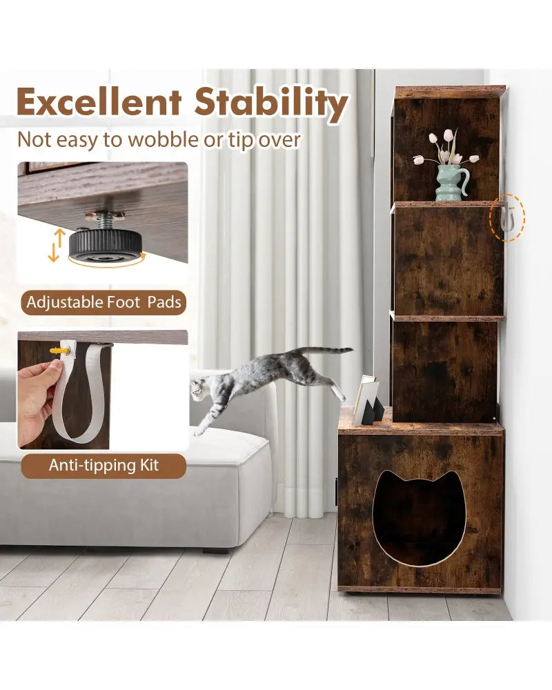 56 Inch Tall Cat Litter Box Enclosure with Storage-Rustic Brown - Rustic Brown - Cat Houses