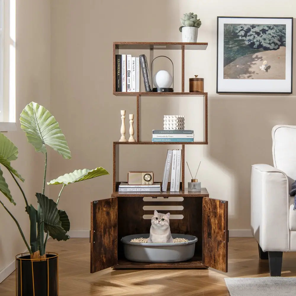 56 Inch Tall Cat Litter Box Enclosure with Storage-Rustic Brown - Rustic Brown - Cat Houses