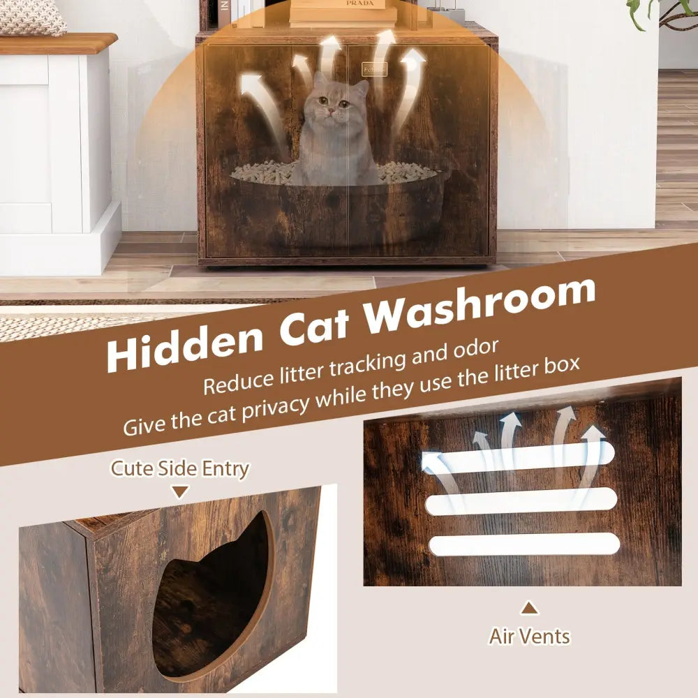 56 Inch Tall Cat Litter Box Enclosure with Storage-Rustic Brown - Rustic Brown - Cat Houses
