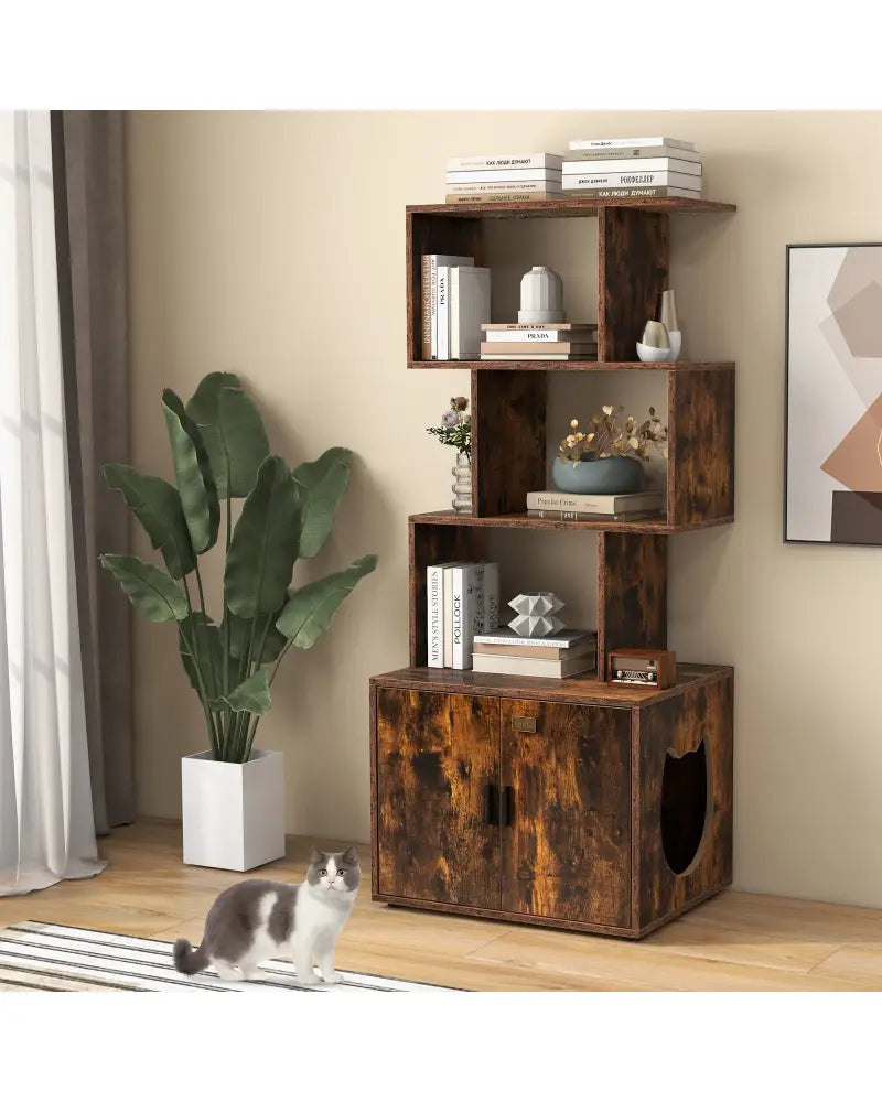 56 Inch Tall Cat Litter Box Enclosure with Storage-Rustic Brown - Rustic Brown - Cat Houses