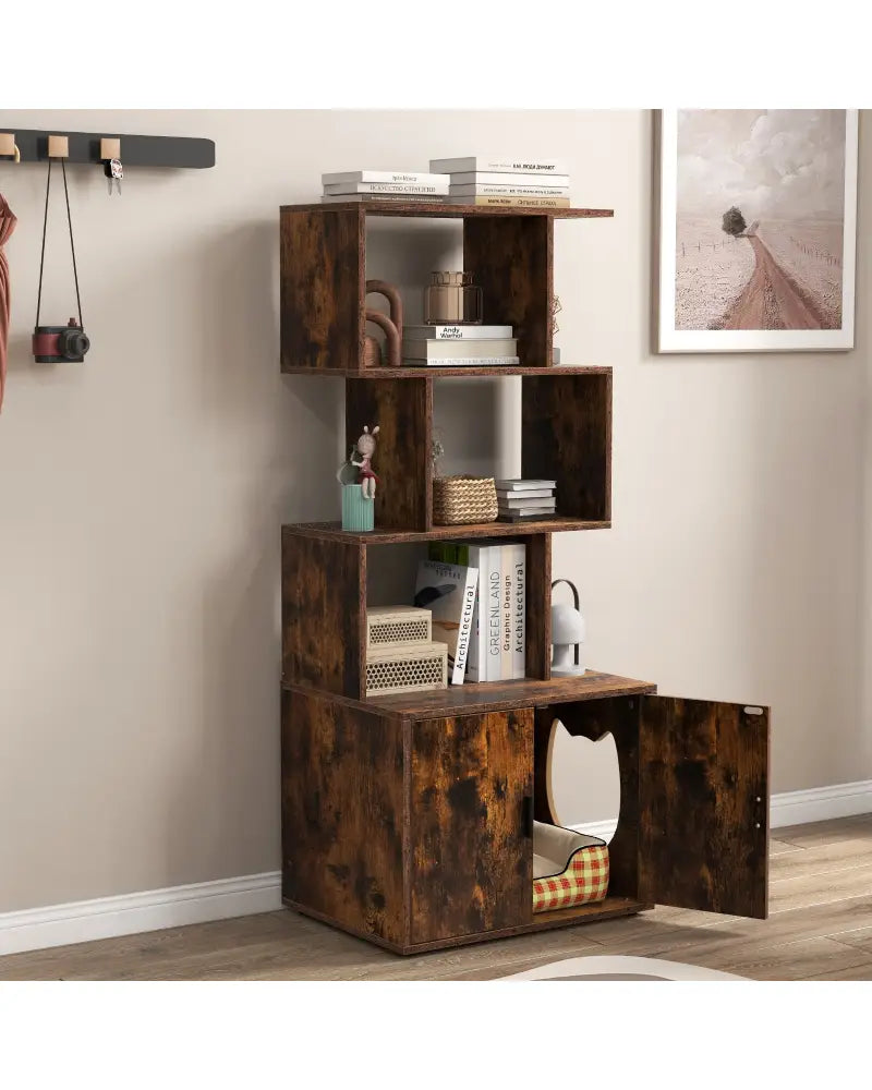 56 Inch Tall Cat Litter Box Enclosure with Storage-Rustic Brown - Rustic Brown - Cat Houses