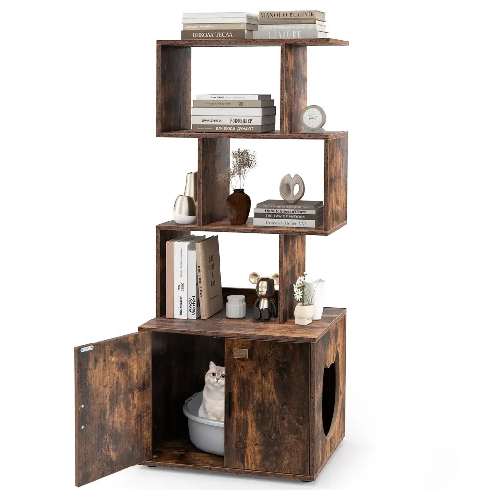 56 Inch Tall Cat Litter Box Enclosure with Storage-Rustic Brown - Rustic Brown - Cat Houses