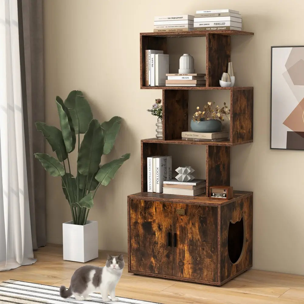 56 Inch Tall Cat Litter Box Enclosure with Storage-Rustic Brown - Rustic Brown - Cat Houses