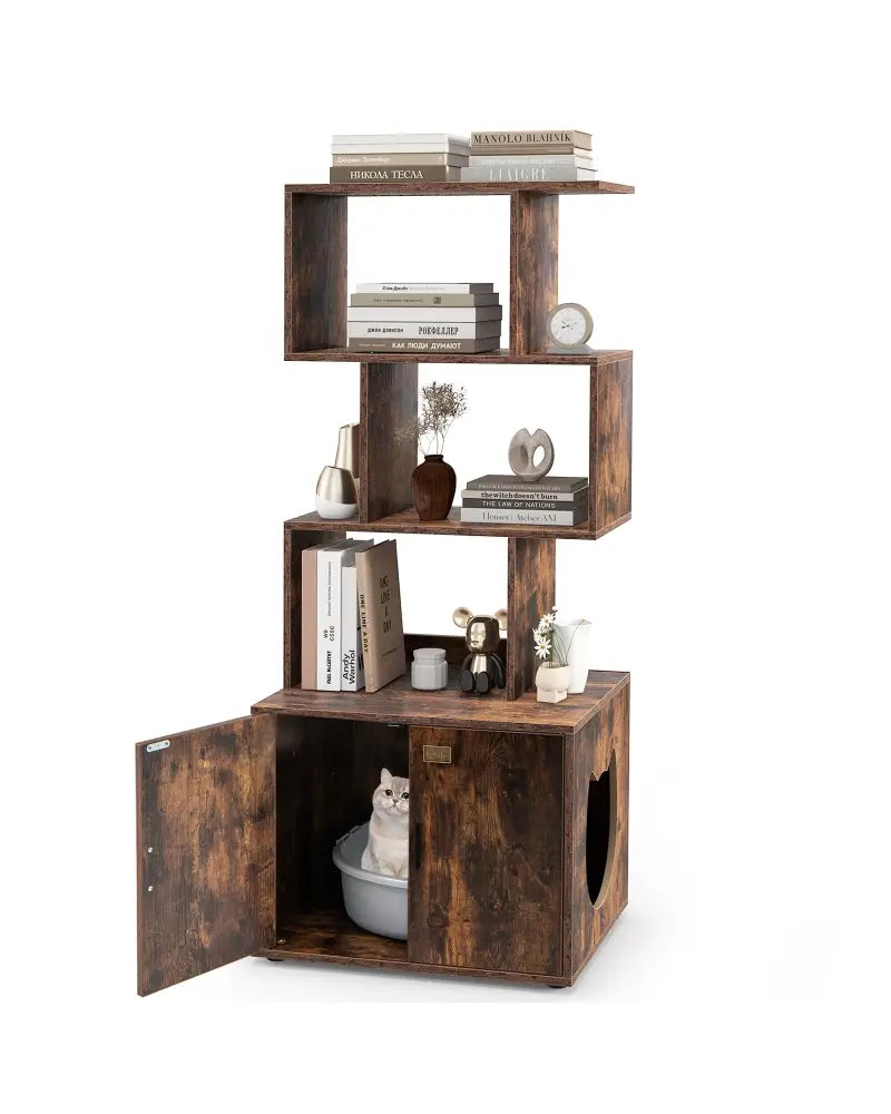 56 Inch Tall Cat Litter Box Enclosure with Storage-Rustic Brown - Rustic Brown - Cat Houses