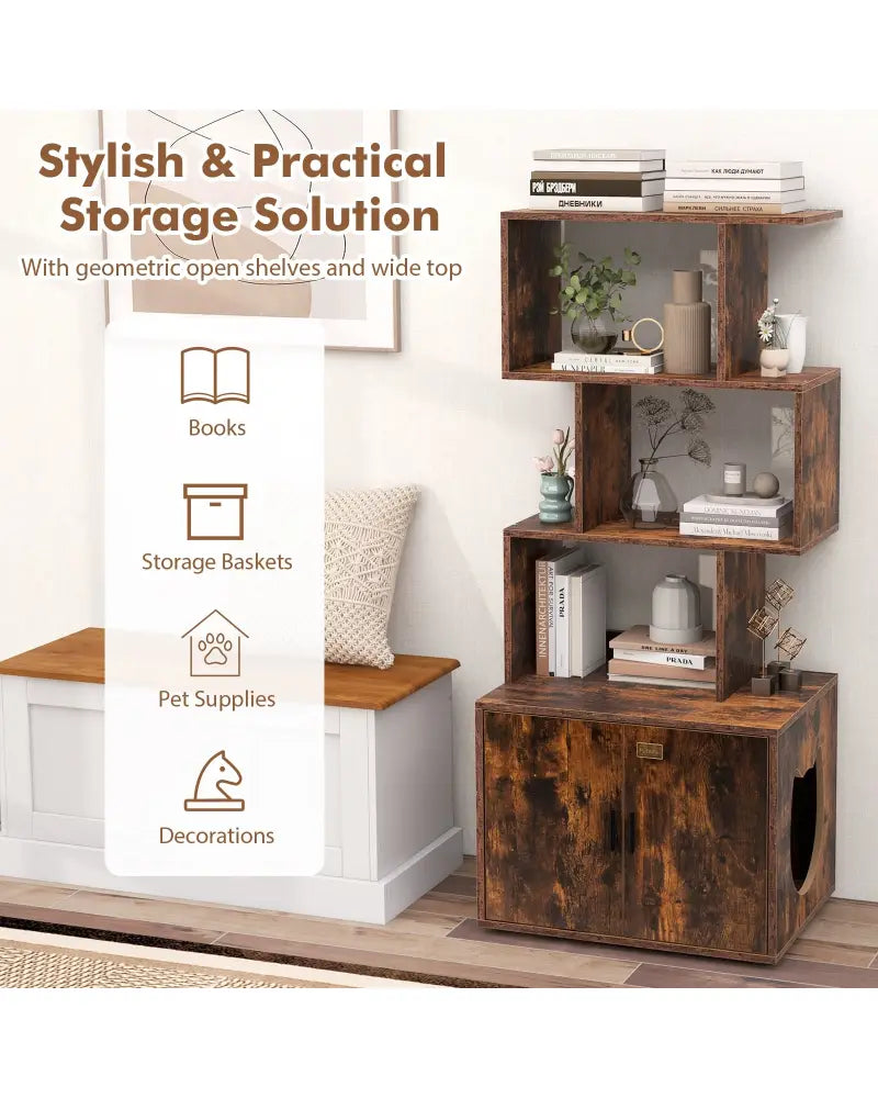 56 Inch Tall Cat Litter Box Enclosure with Storage-Rustic Brown - Rustic Brown - Cat Houses