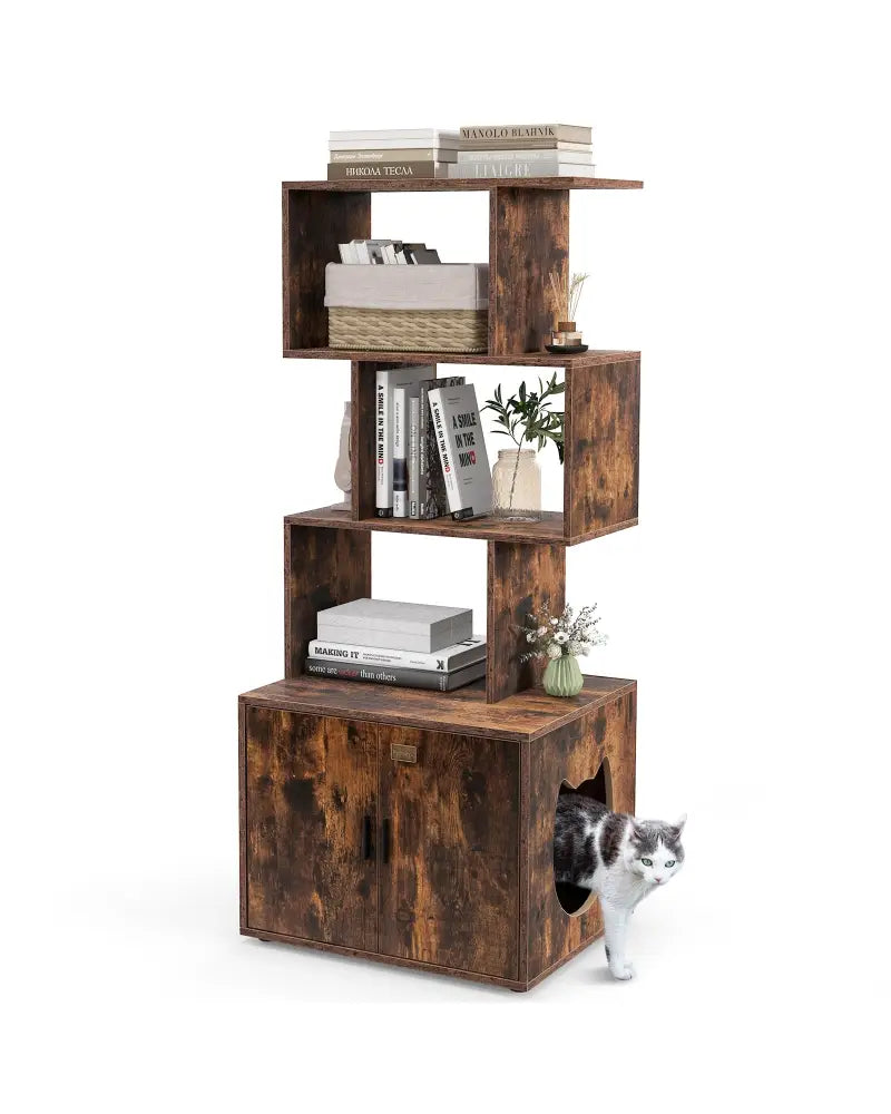 56 Inch Tall Cat Litter Box Enclosure with Storage-Rustic Brown - Rustic Brown - Cat Houses