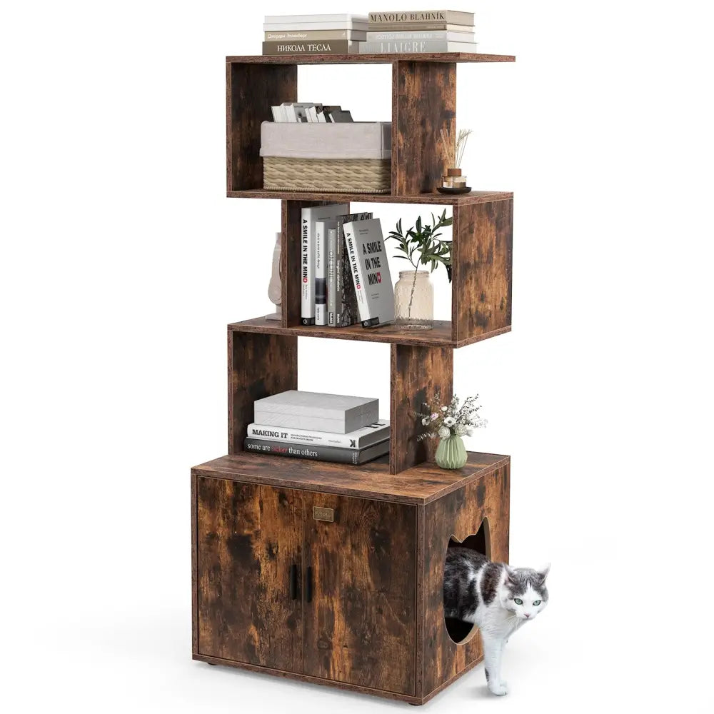 56 Inch Tall Cat Litter Box Enclosure with Storage-Rustic Brown - Rustic Brown - Cat Houses