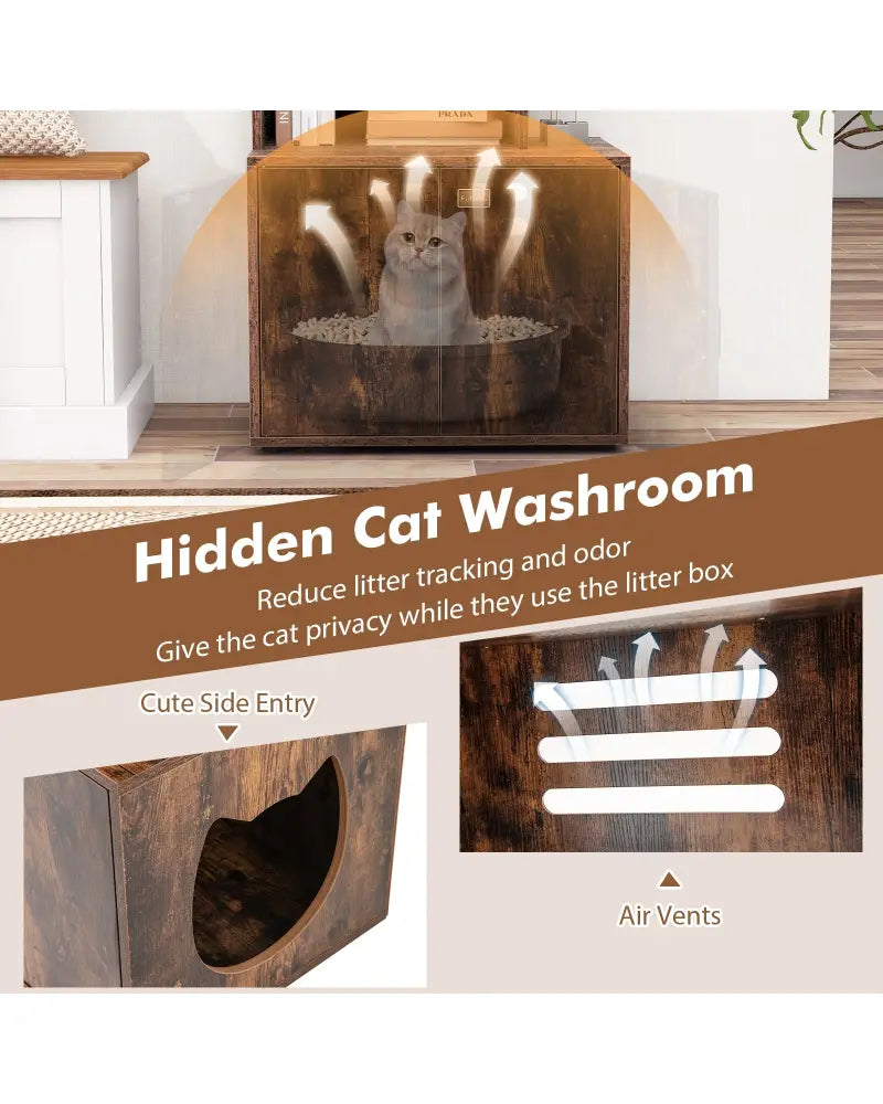 56 Inch Tall Cat Litter Box Enclosure with Storage-Rustic Brown - Rustic Brown - Cat Houses