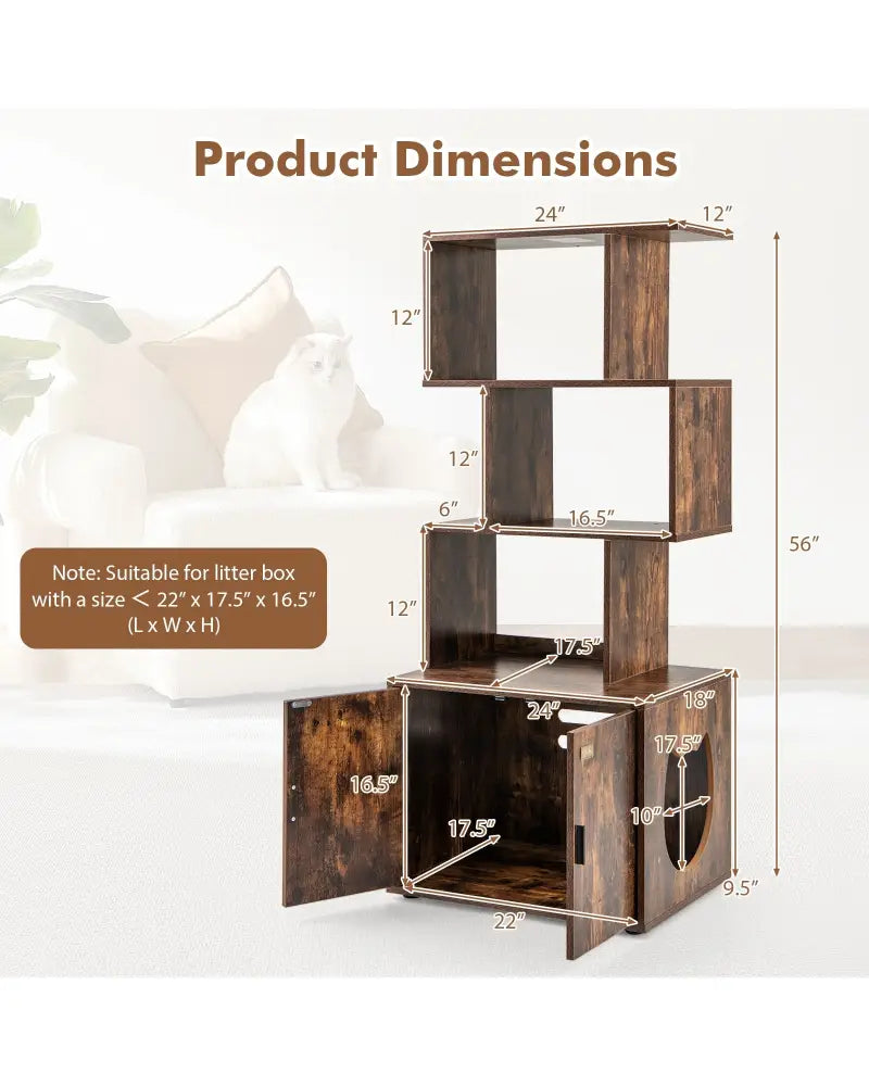 56 Inch Tall Cat Litter Box Enclosure with Storage-Rustic Brown - Rustic Brown - Cat Houses