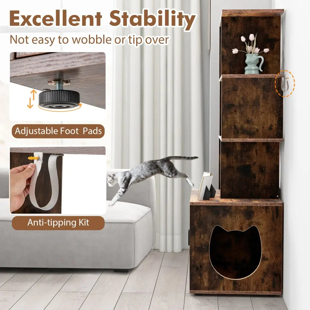 56 Inch Tall Cat Litter Box Enclosure with Storage-Rustic Brown - Rustic Brown - Cat Houses