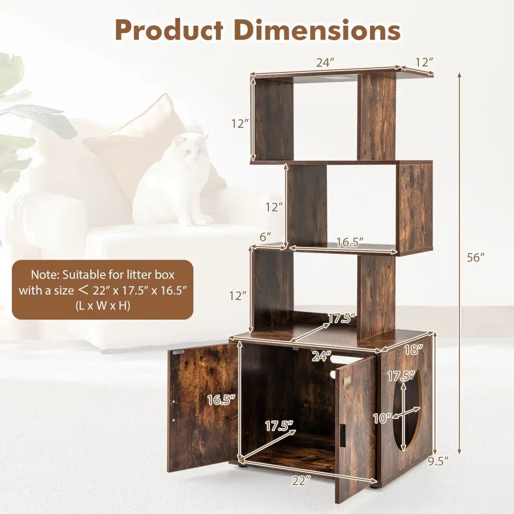 56 Inch Tall Cat Litter Box Enclosure with Storage-Rustic Brown - Rustic Brown - Cat Houses