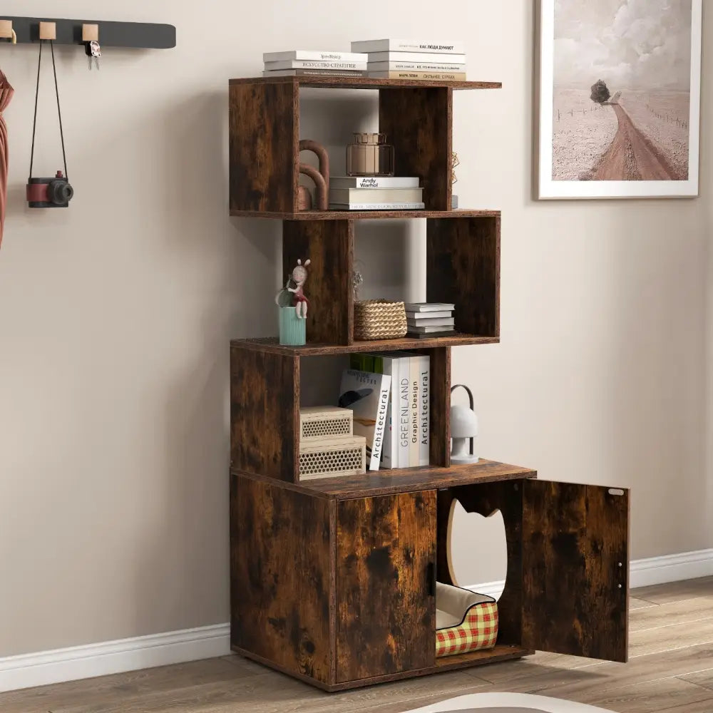 56 Inch Tall Cat Litter Box Enclosure with Storage-Rustic Brown - Rustic Brown - Cat Houses