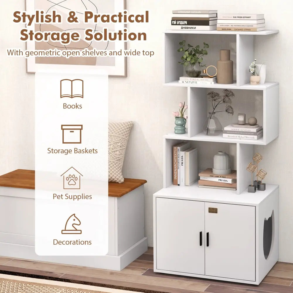 56 Inch Tall Cat Litter Box Enclosure with Storage-White - White - Cat Houses