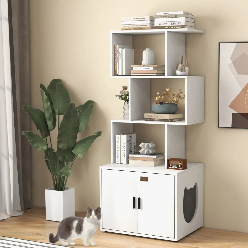 56 Inch Tall Cat Litter Box Enclosure with Storage-White - White - Cat Houses