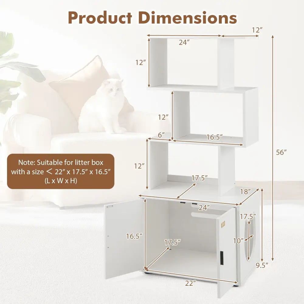 56 Inch Tall Cat Litter Box Enclosure with Storage-White - White - Cat Houses