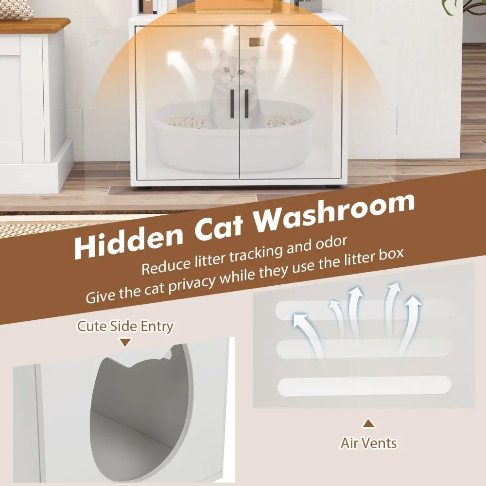 56 Inch Tall Cat Litter Box Enclosure with Storage-White - White - Cat Houses