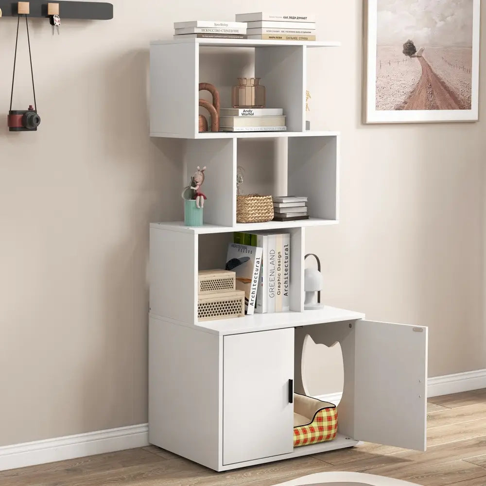 56 Inch Tall Cat Litter Box Enclosure with Storage-White - White - Cat Houses