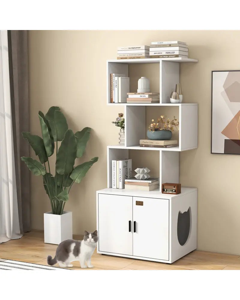 56 Inch Tall Cat Litter Box Enclosure with Storage-White - White - Cat Houses