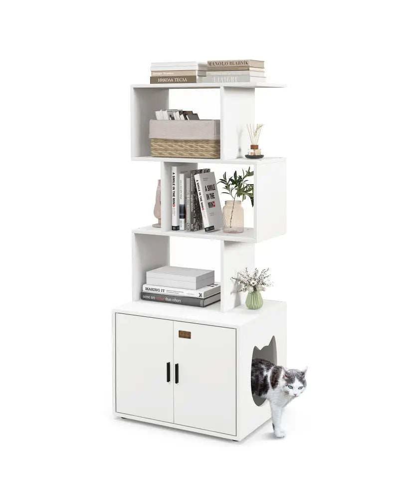 56 Inch Tall Cat Litter Box Enclosure with Storage-White - White - Cat Houses