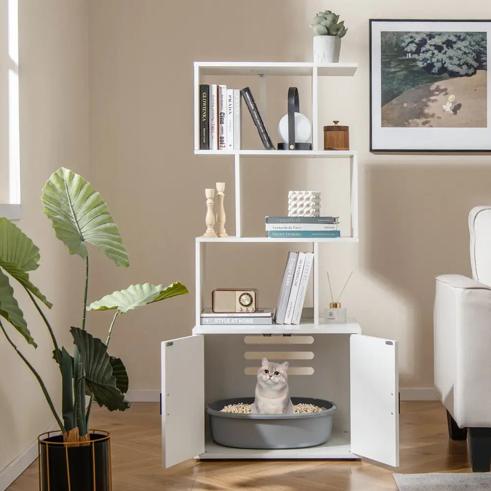 56 Inch Tall Cat Litter Box Enclosure with Storage-White - White - Cat Houses