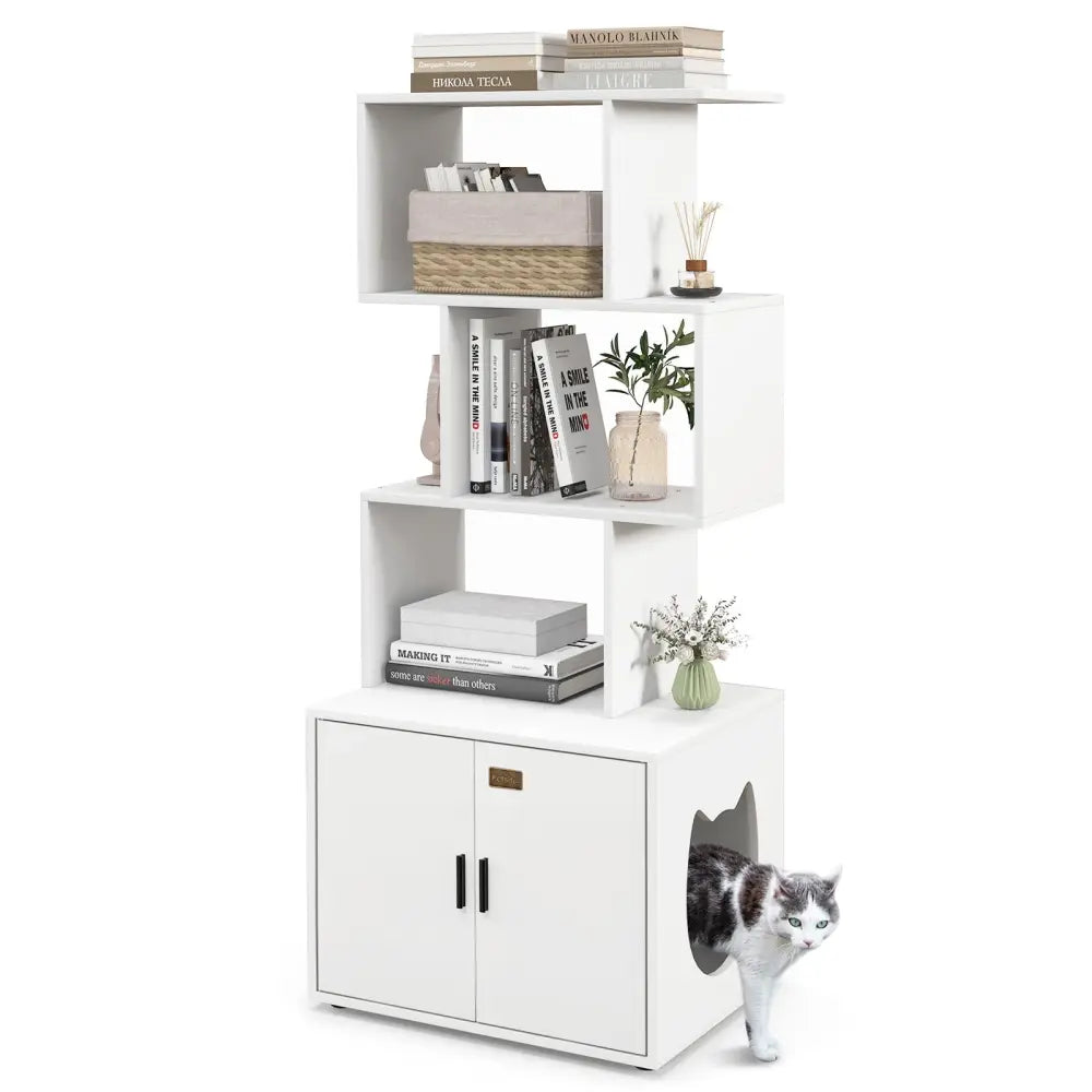 56 Inch Tall Cat Litter Box Enclosure with Storage-White - White - Cat Houses
