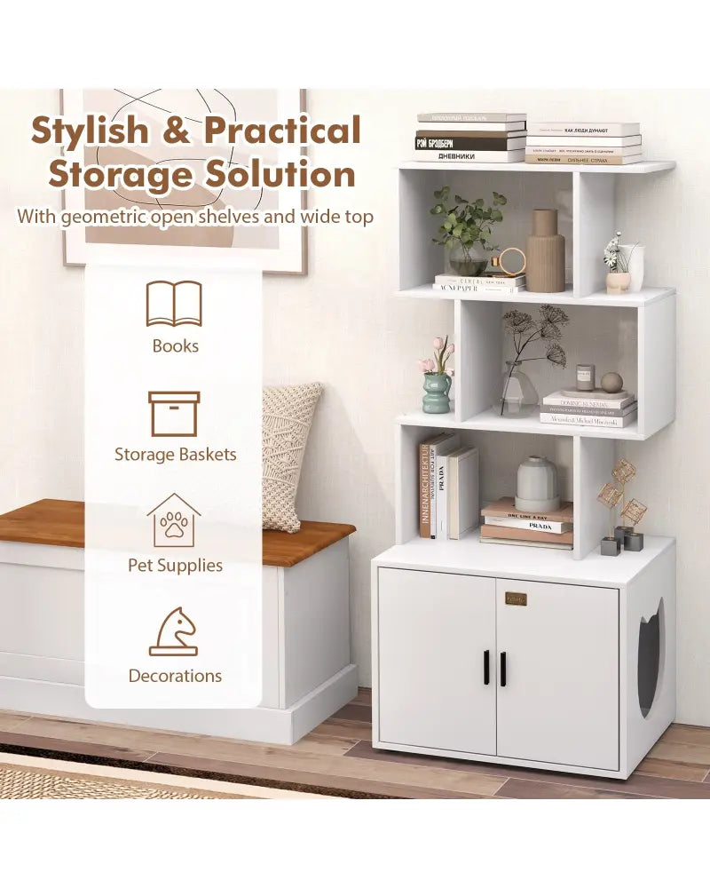 56 Inch Tall Cat Litter Box Enclosure with Storage-White - White - Cat Houses