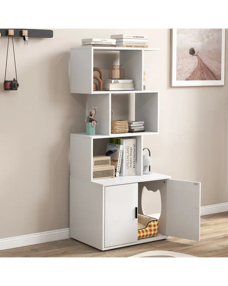 56 Inch Tall Cat Litter Box Enclosure with Storage-White - White - Cat Houses