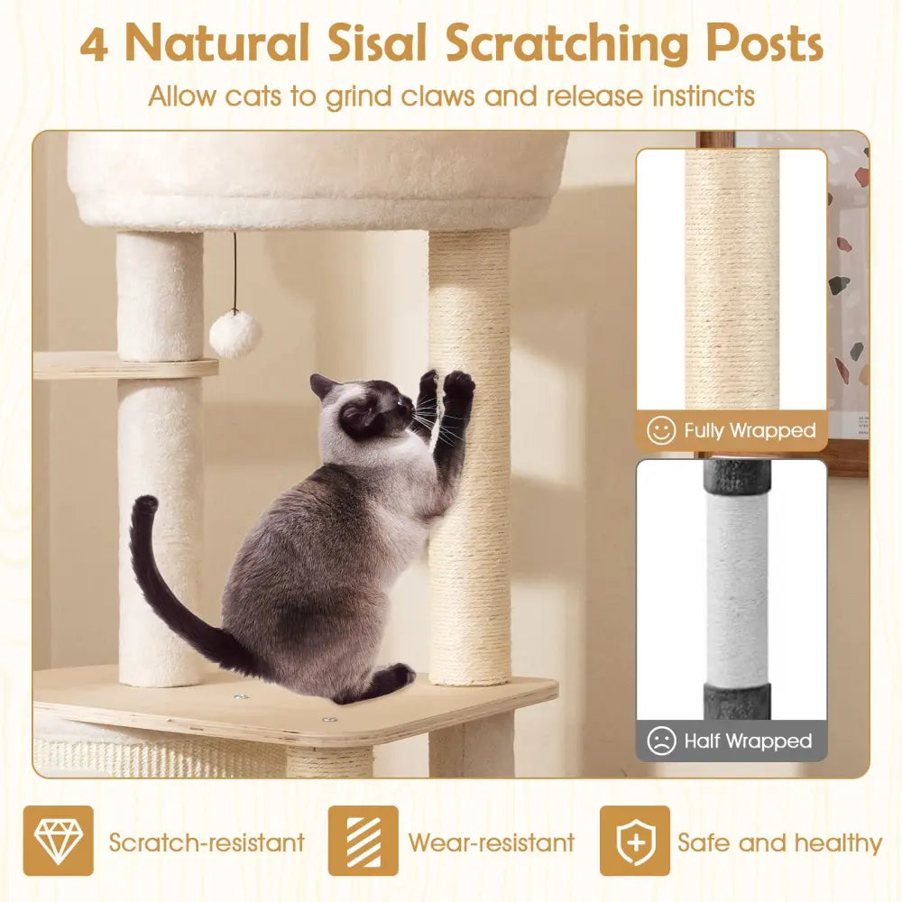 56 Inch Tall Cat Tree with 2 Sisal Scratching Posts and Ladder-Natural - Natural - Cat Trees Condos & Scratchers