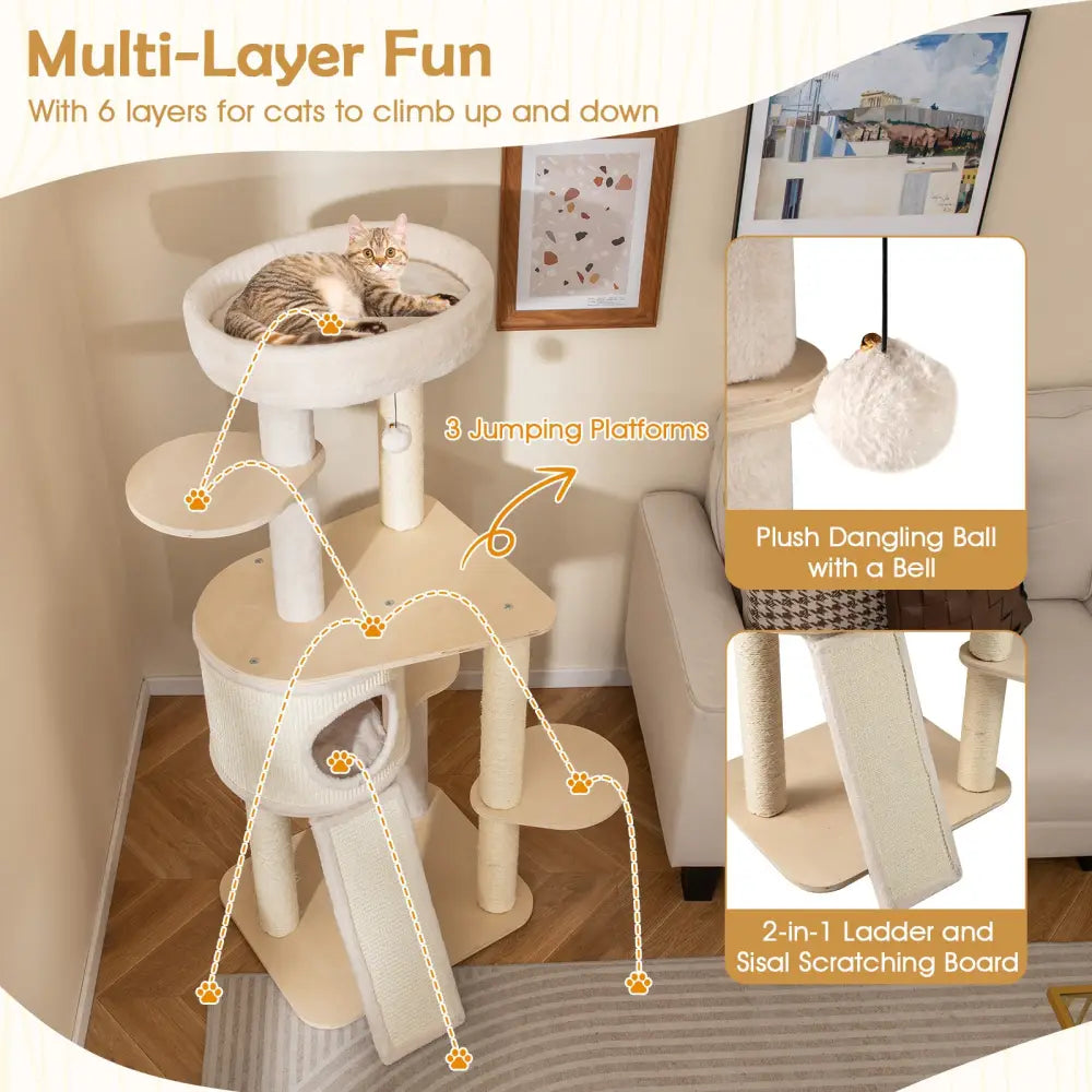 56 Inch Tall Cat Tree with 2 Sisal Scratching Posts and Ladder-Natural - Natural - Cat Trees Condos & Scratchers