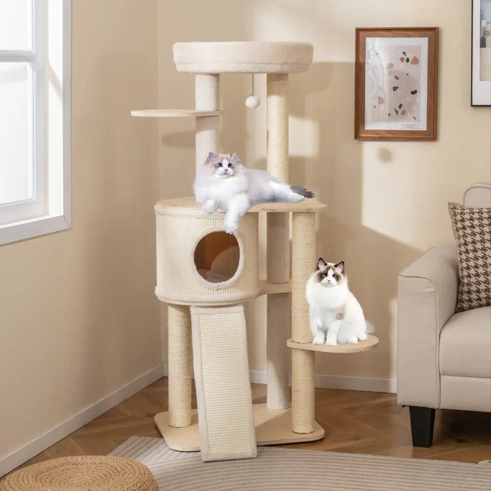 56 Inch Tall Cat Tree with 2 Sisal Scratching Posts and Ladder-Natural - Natural - Cat Trees Condos & Scratchers
