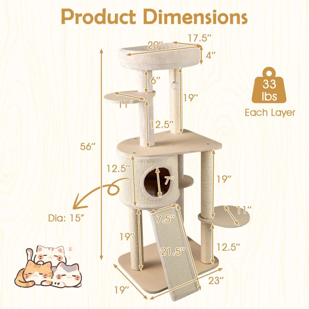 56 Inch Tall Cat Tree with 2 Sisal Scratching Posts and Ladder-Natural - Natural - Cat Trees Condos & Scratchers
