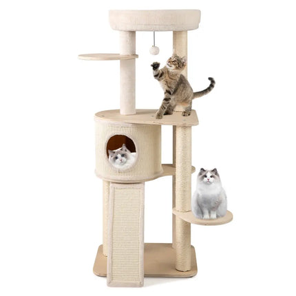 56 Inch Tall Cat Tree with 2 Sisal Scratching Posts and Ladder - Natural - Oasis Home Essentials