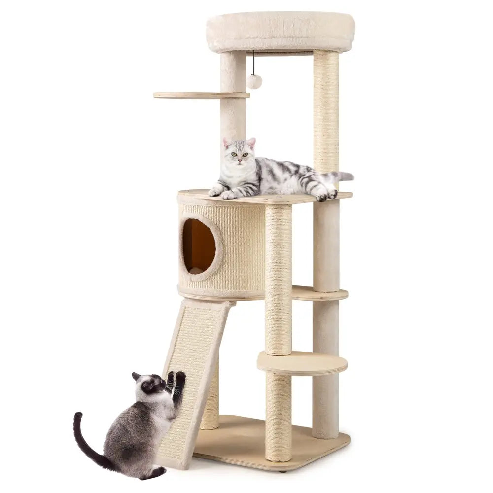 56 Inch Tall Cat Tree with 2 Sisal Scratching Posts and Ladder-Natural - Natural - Cat Trees Condos & Scratchers