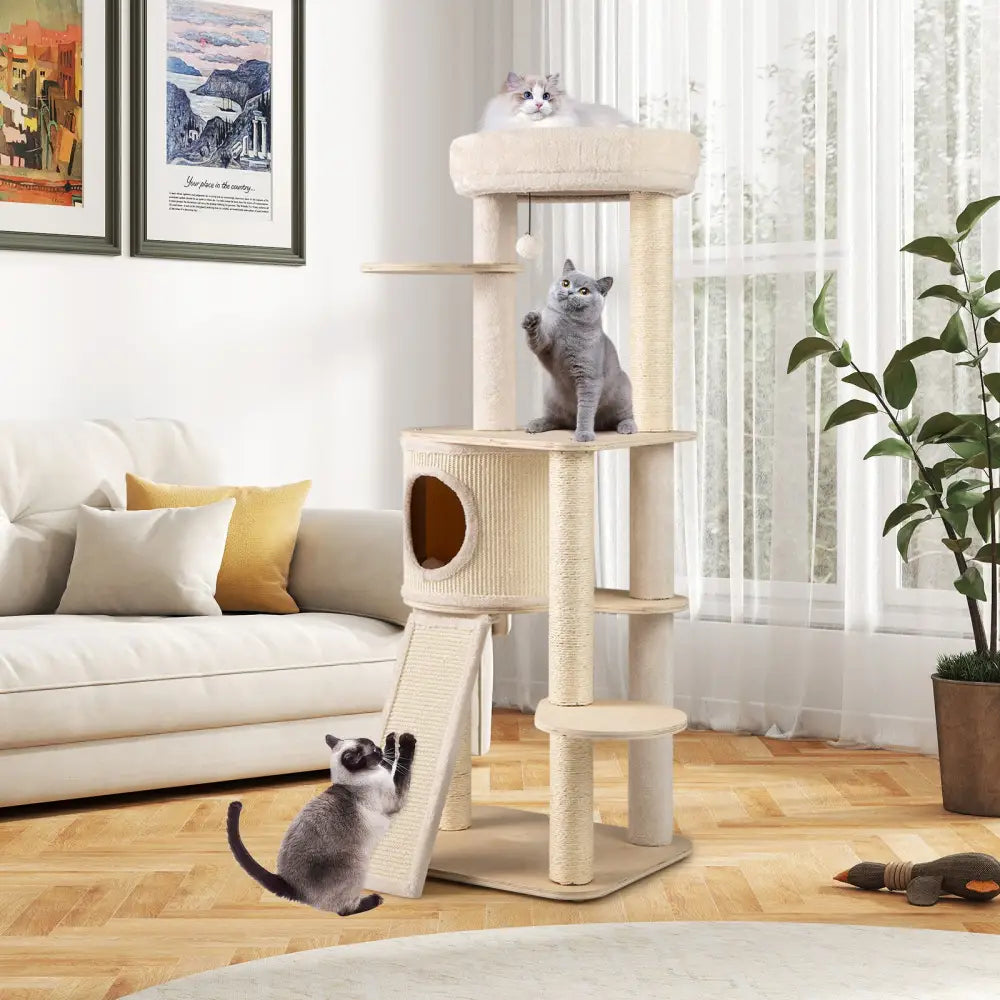 56 Inch Tall Cat Tree with 2 Sisal Scratching Posts and Ladder-Natural - Natural - Cat Trees Condos & Scratchers
