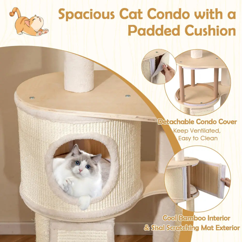 56 Inch Tall Cat Tree with 2 Sisal Scratching Posts and Ladder-Natural - Natural - Cat Trees Condos & Scratchers