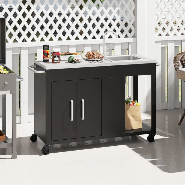 56 Inches Outdoor Grill Table with Sink and Stainless Steel Top-Black - Black - Outdoor Grills