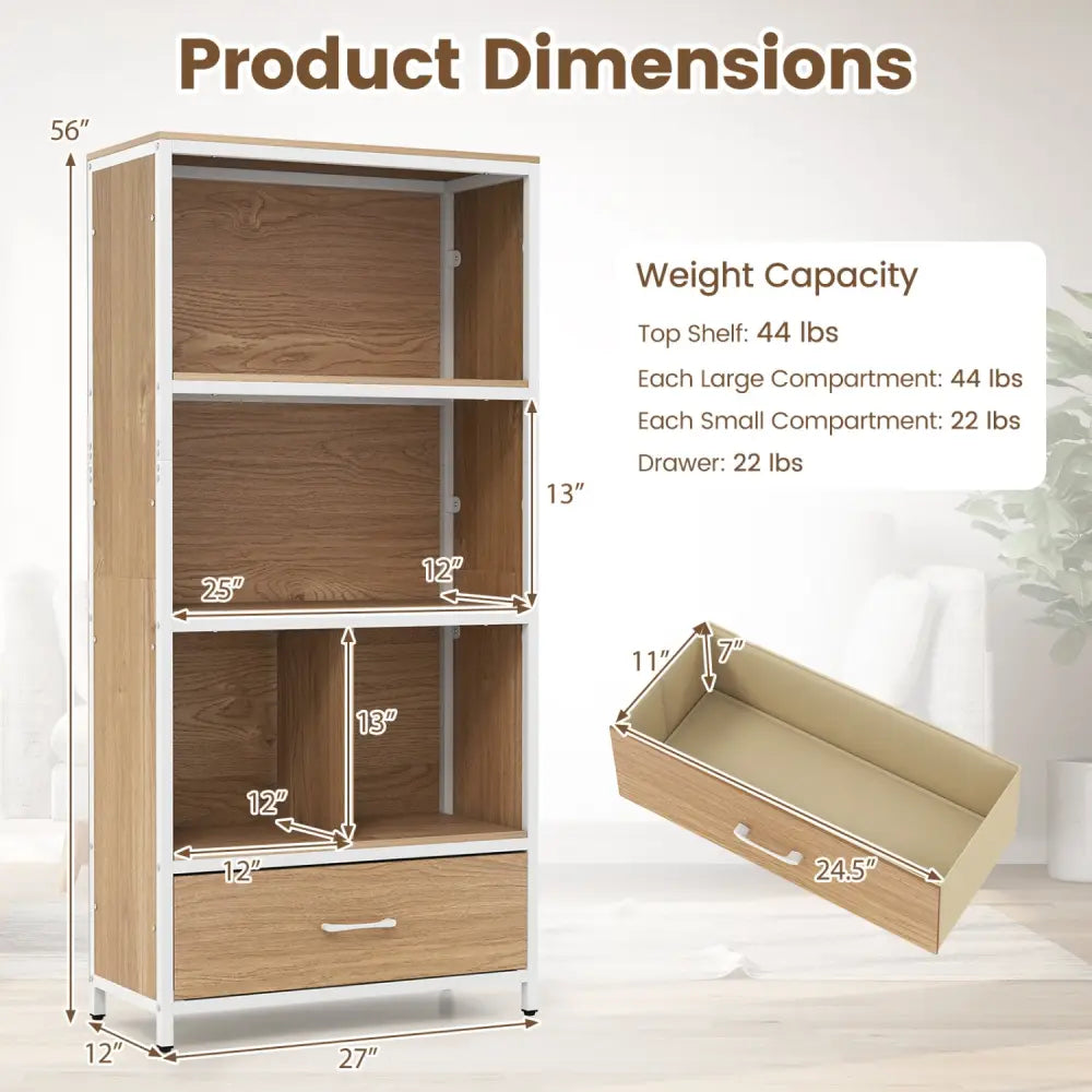 56’’ Tall Freestanding Bookcase with Drawer 5 Tier-Natural - Natural - Bookcases