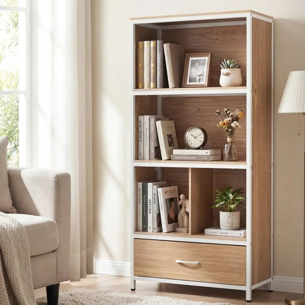 56’’ Tall Freestanding Bookcase with Drawer 5 Tier-Natural - Natural - Bookcases