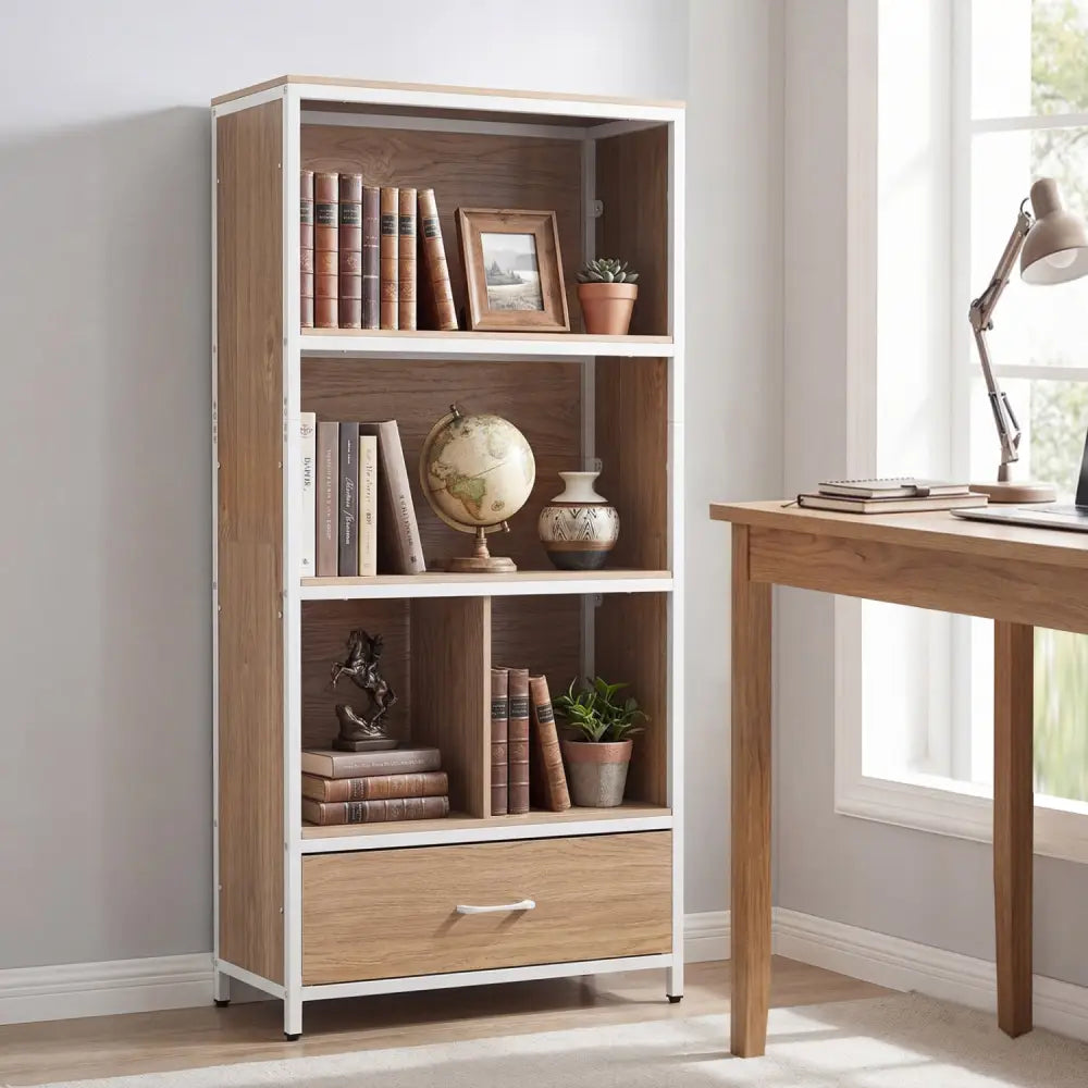 56’’ Tall Freestanding Bookcase with Drawer 5 Tier-Natural - Natural - Bookcases